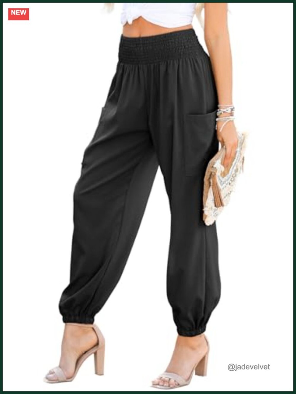 Boho Smocked High Waisted Tapered Harem Pants with Pockets
